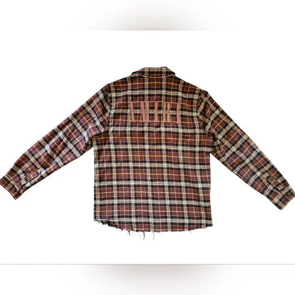 Amiri | Leather Logo Flannel Button Down Shirt | Brown | Mens | Size Large - Picture 4 of 16